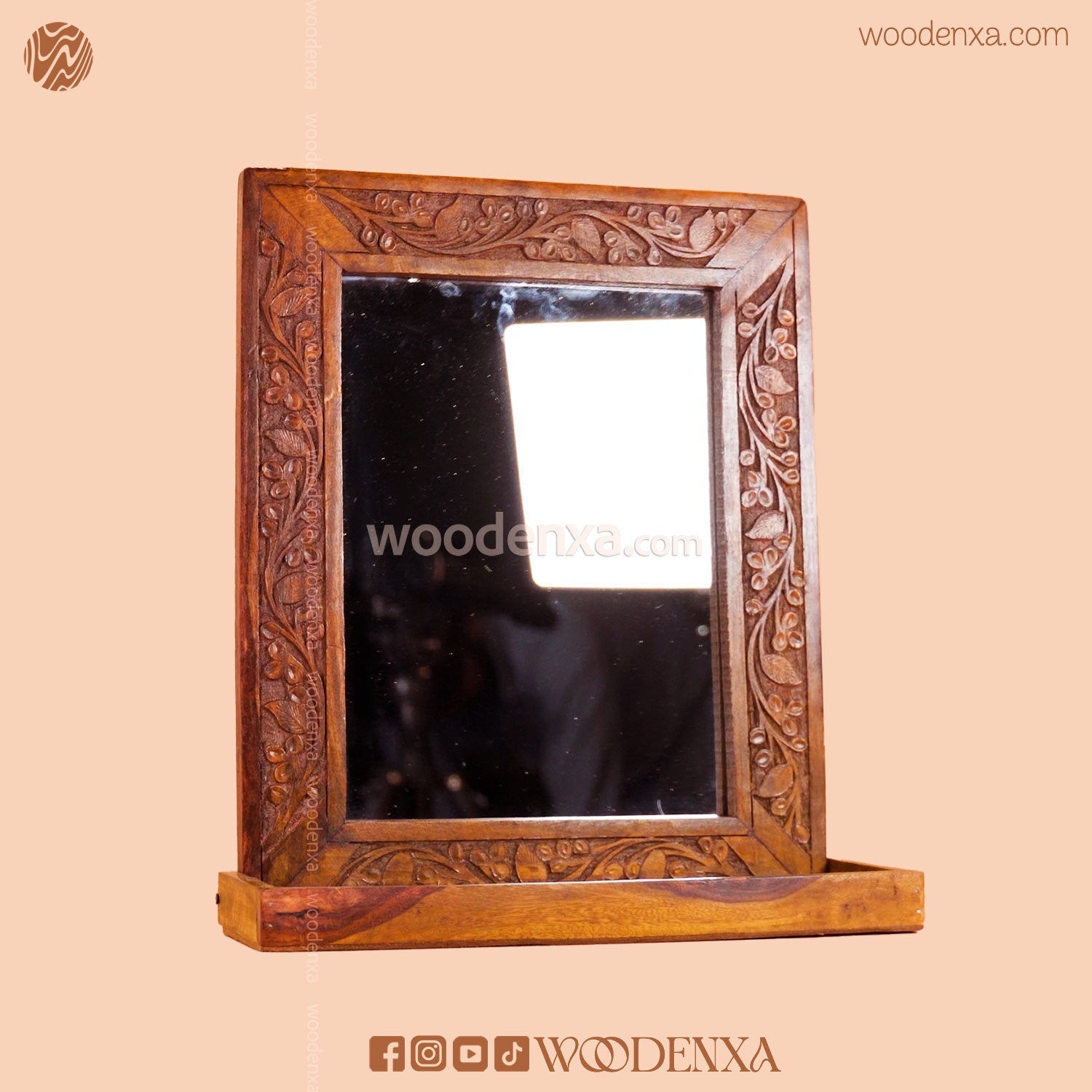 Elegant Wooden Mirror with Carving Design