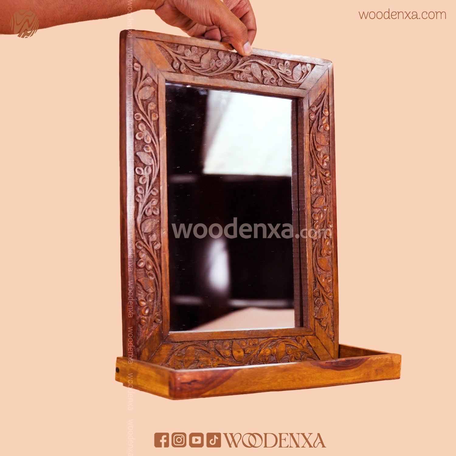Elegant Wooden Mirror with Carving Design