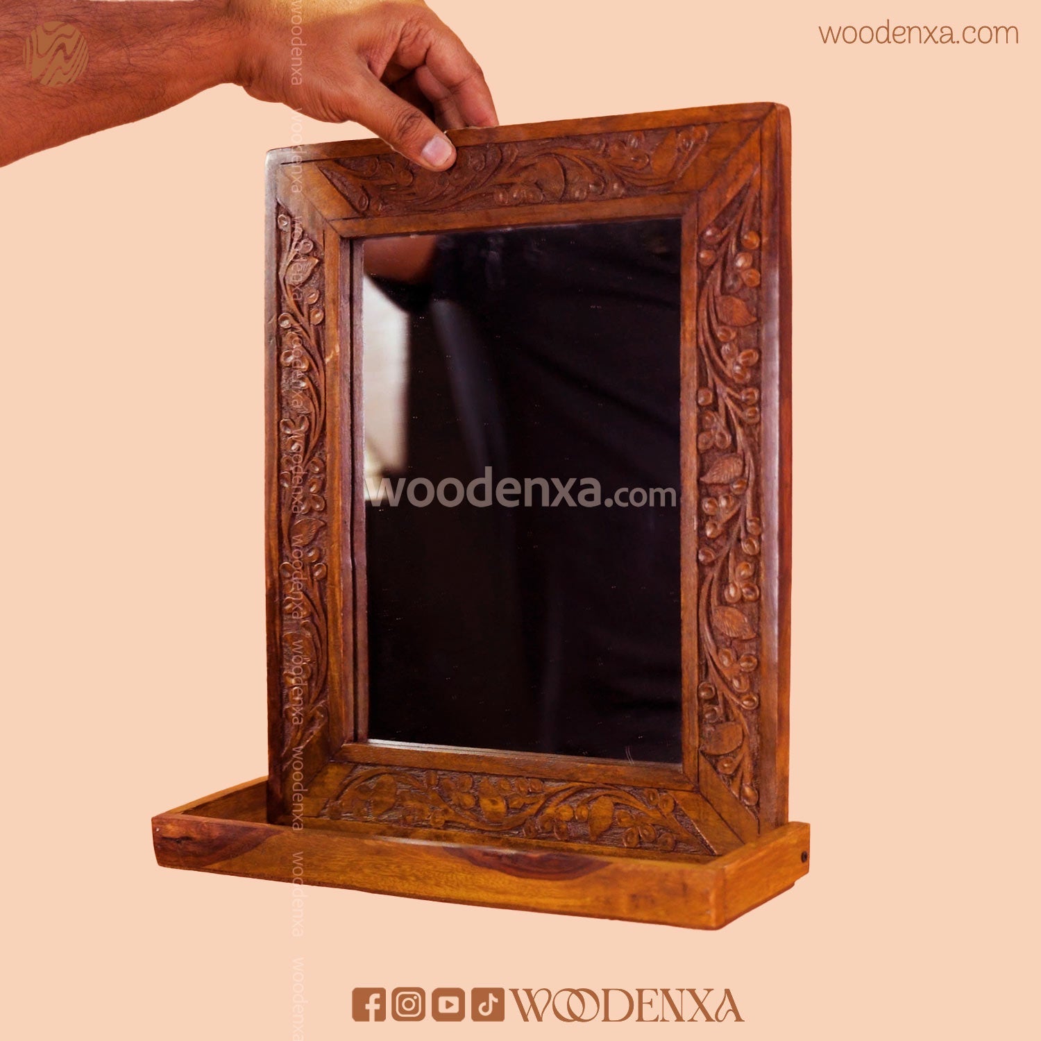 Elegant Wooden Mirror with Carving Design