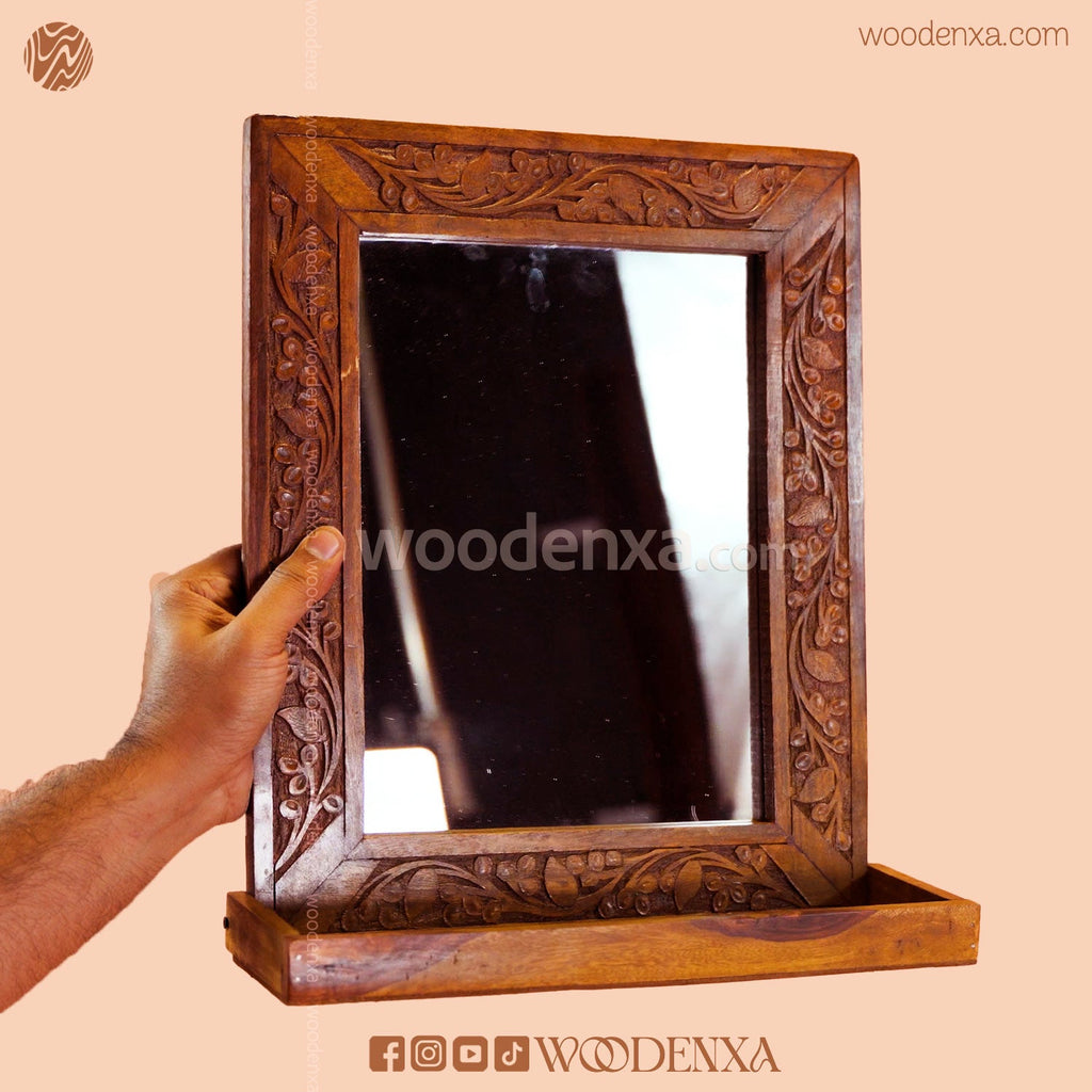 Elegant Wooden Mirror with Carving Design