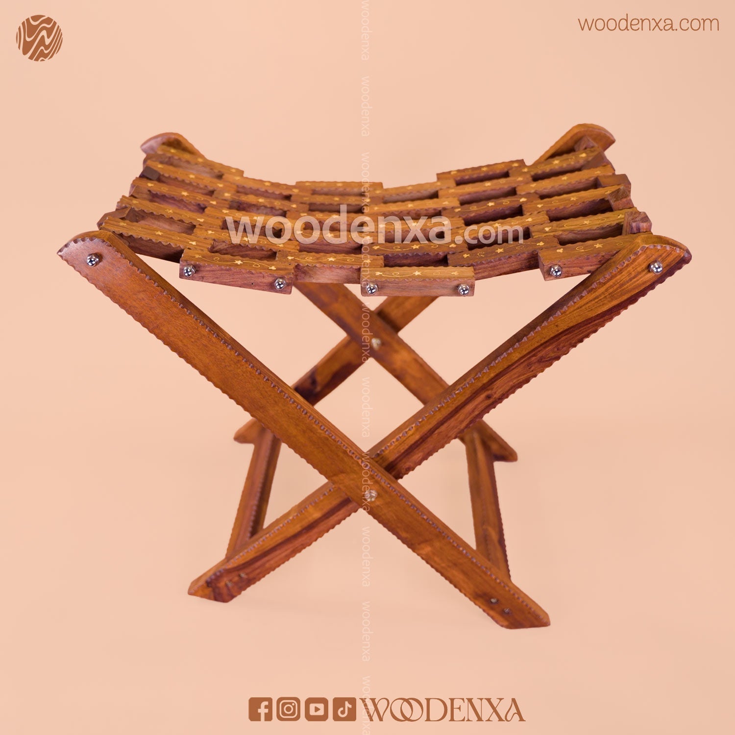 Foldable Wooden Stool with Brass Inlay
