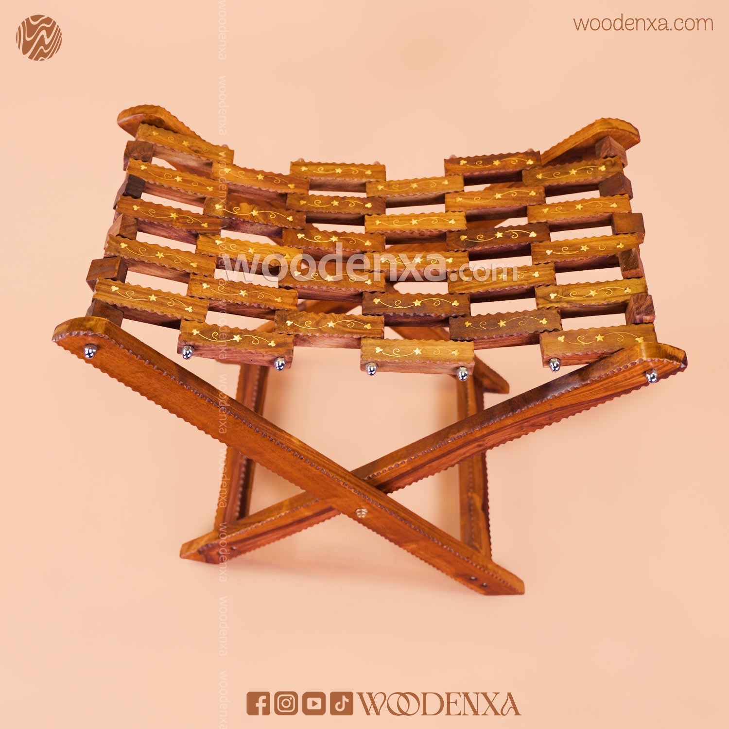 Foldable Wooden Stool with Brass Inlay