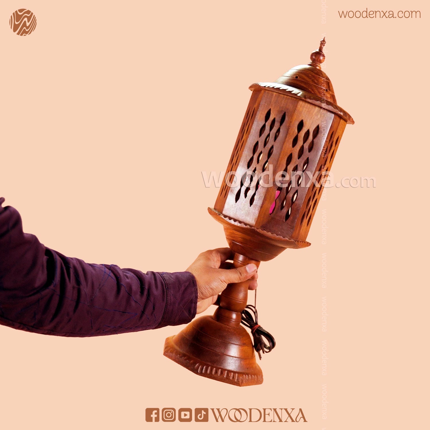Large Round Wooden Table Lamp with