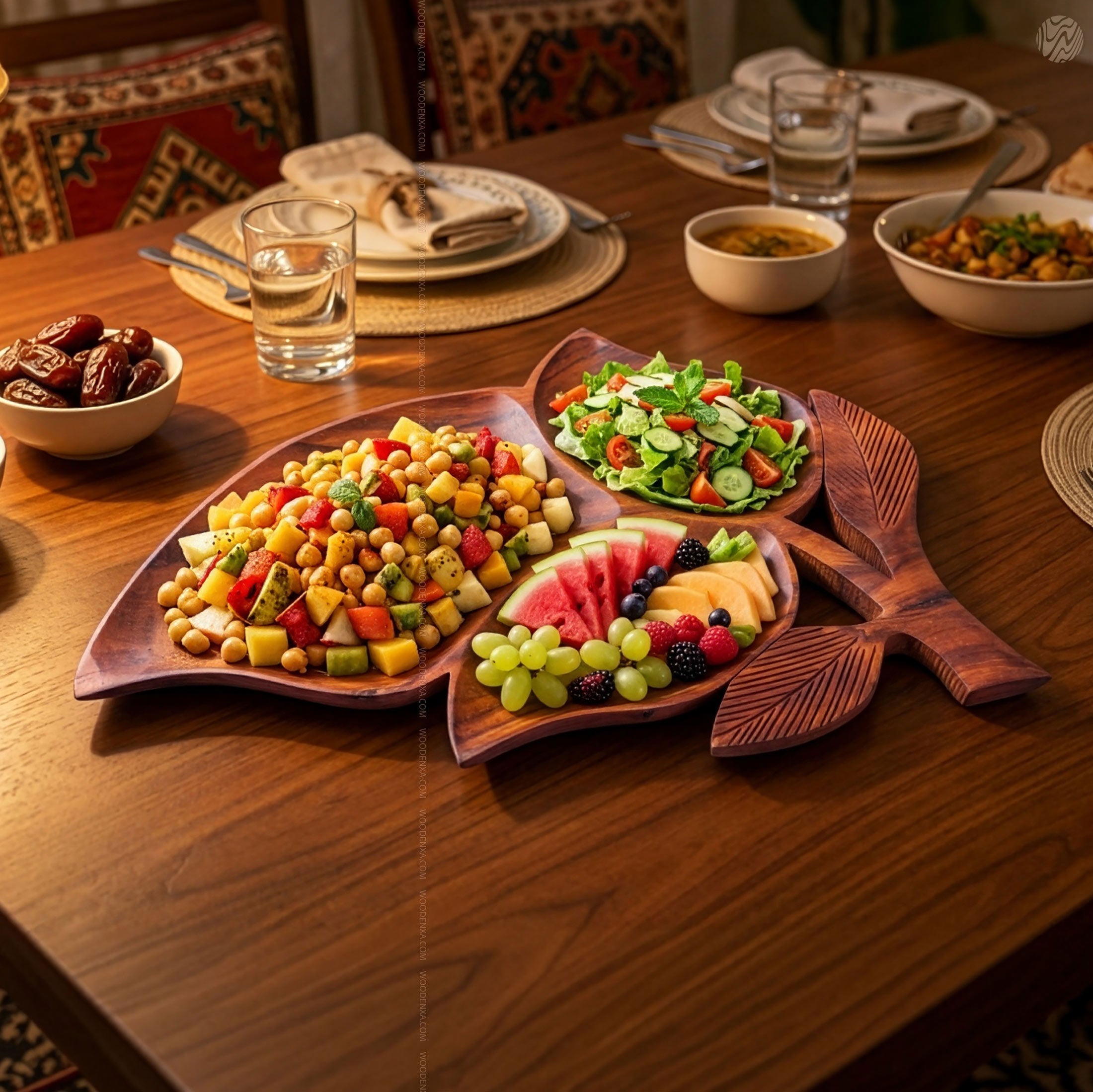 Leaf Style Wooden Serving Tray 3-Section