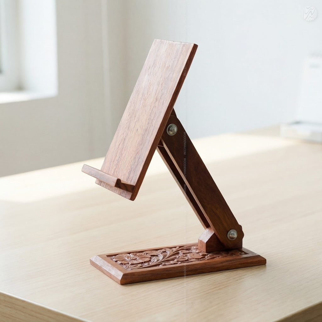 Wooden Carved Adjustable Mobile Stand