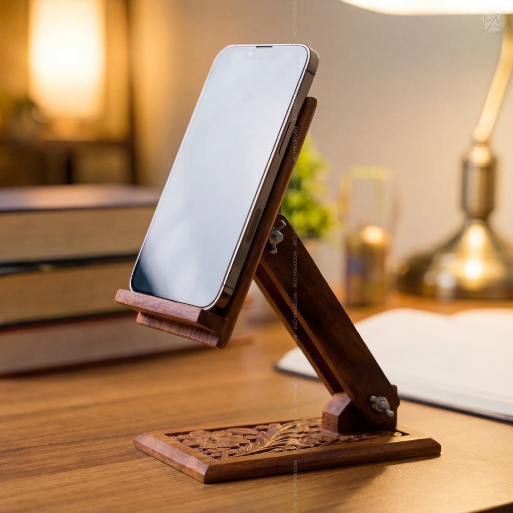 Wooden Carved Adjustable Mobile Stand