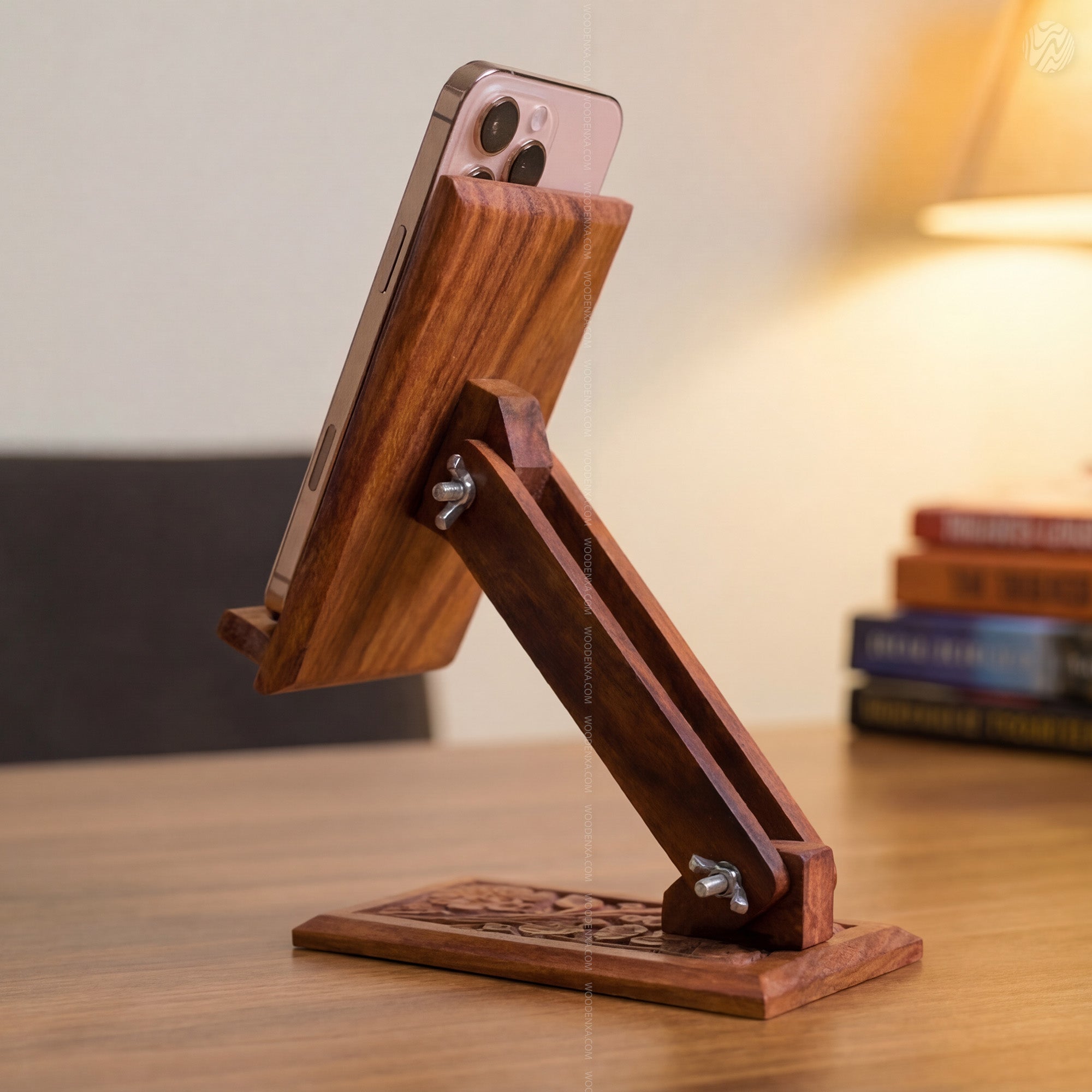 Wooden Carved Adjustable Mobile Stand