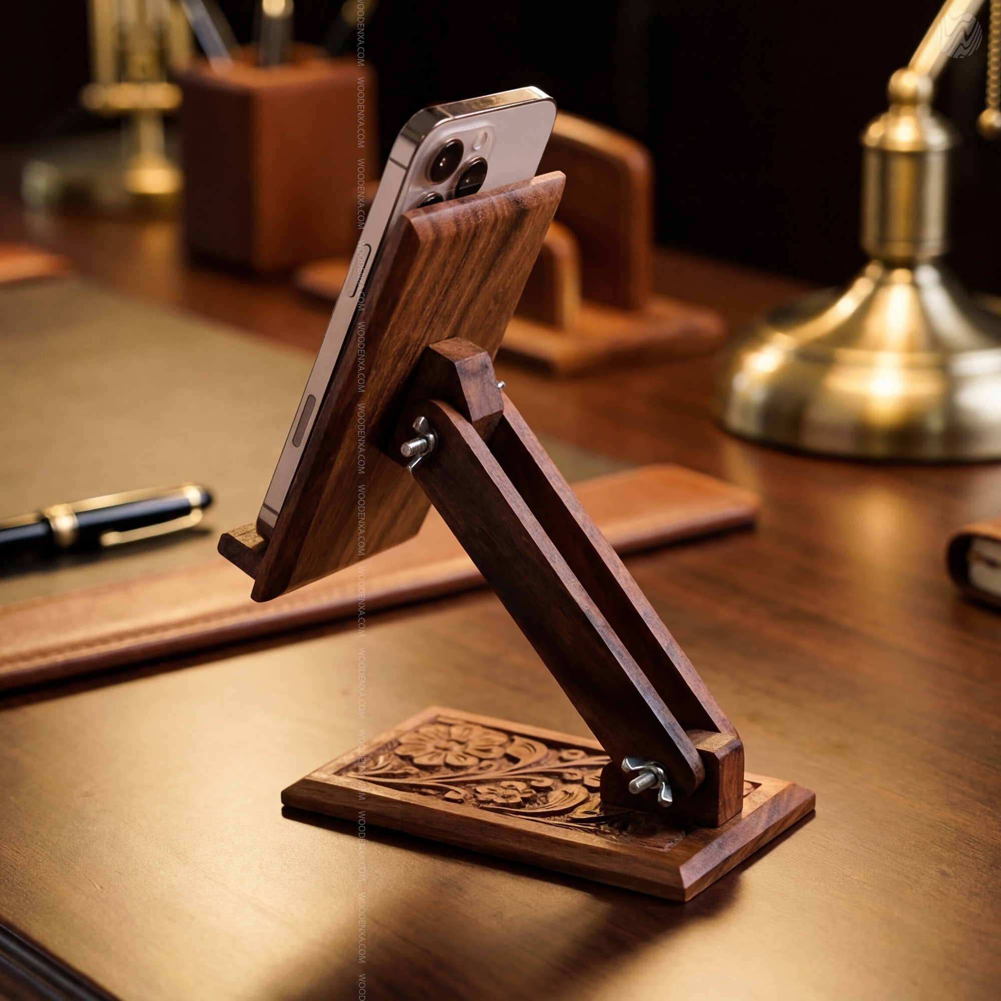 Wooden Carved Adjustable Mobile Stand