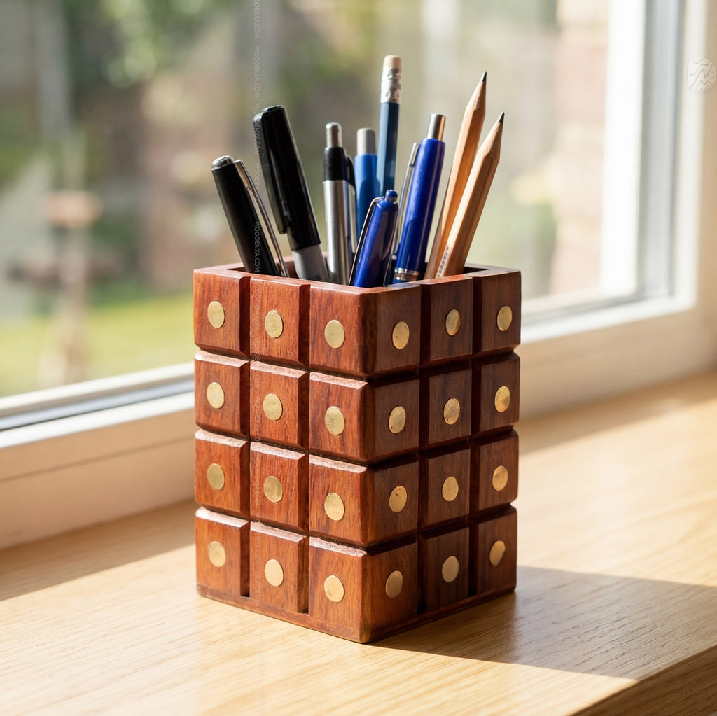 Wooden Multipurpose Pen Jar Square with