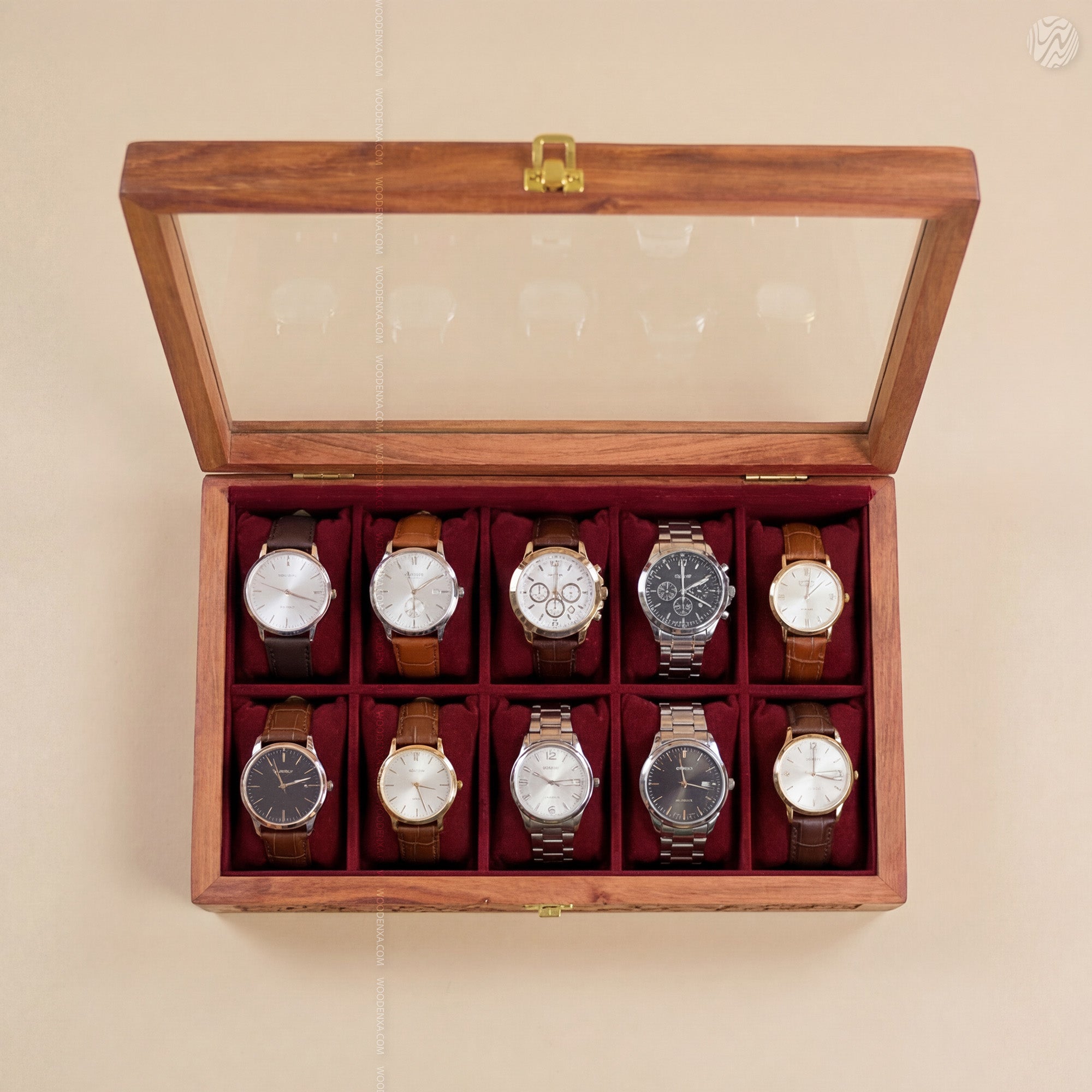 Fully Carved 10‑Watch Wooden Box