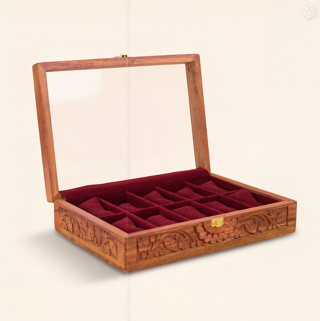 Fully Carved 10‑Watch Wooden Box