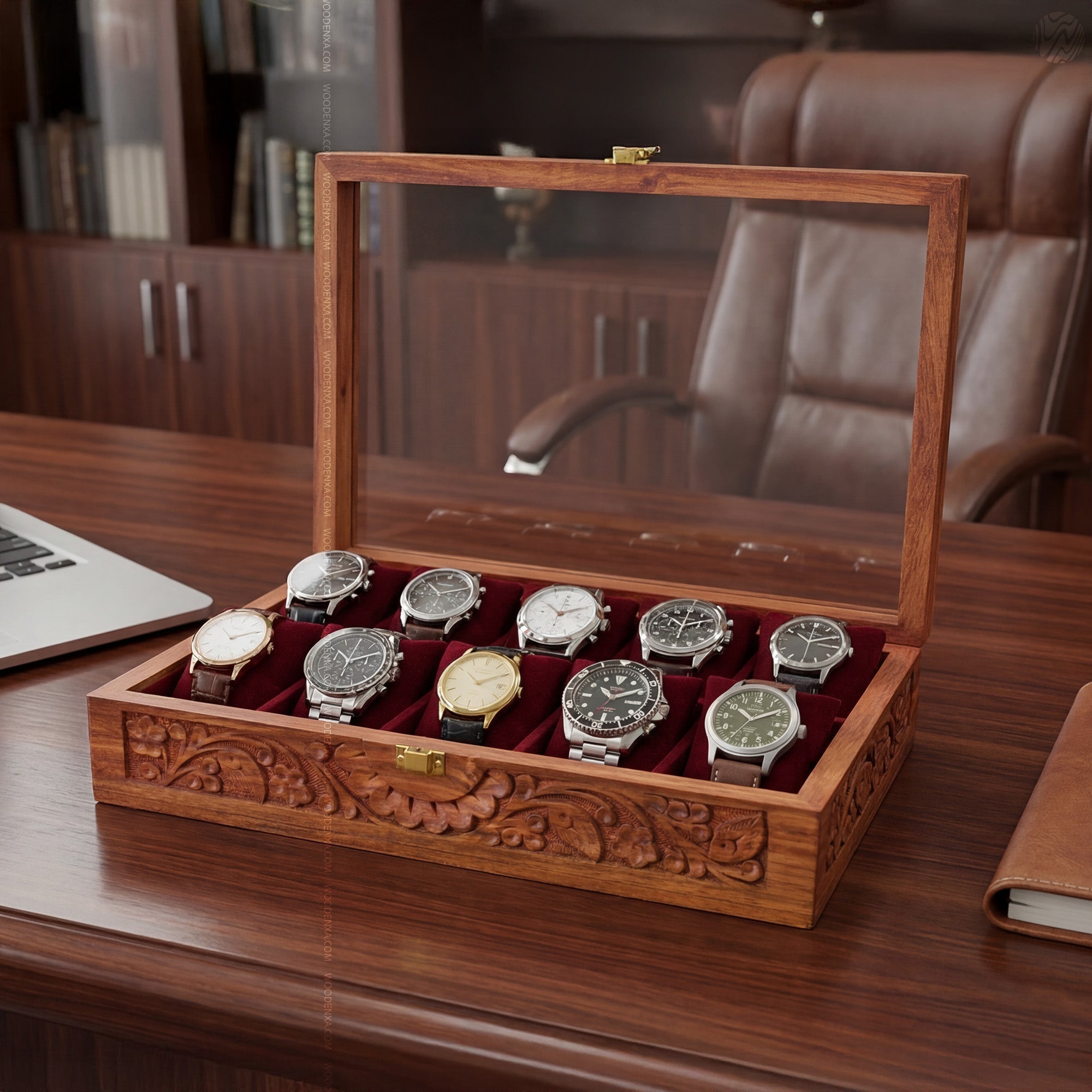 Fully Carved 10‑Watch Wooden Box