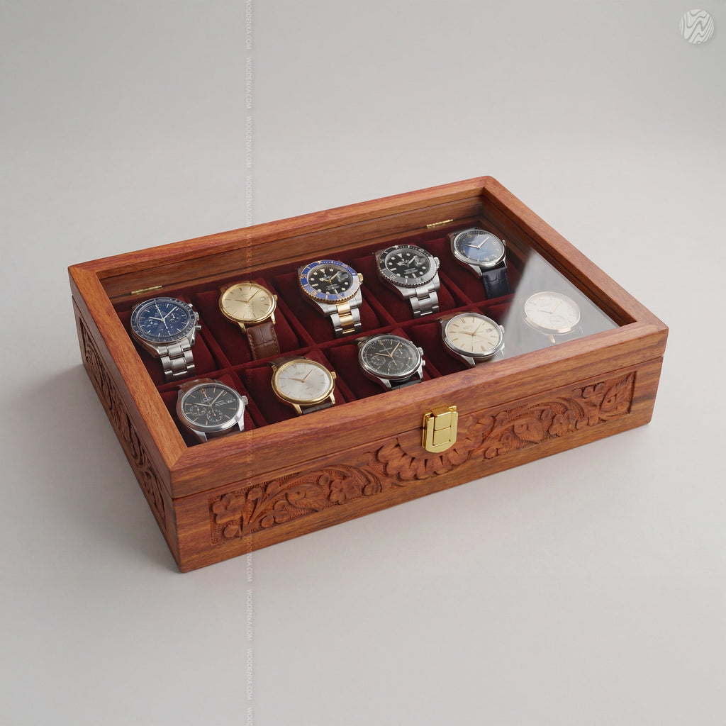 Fully Carved 10‑Watch Wooden Box