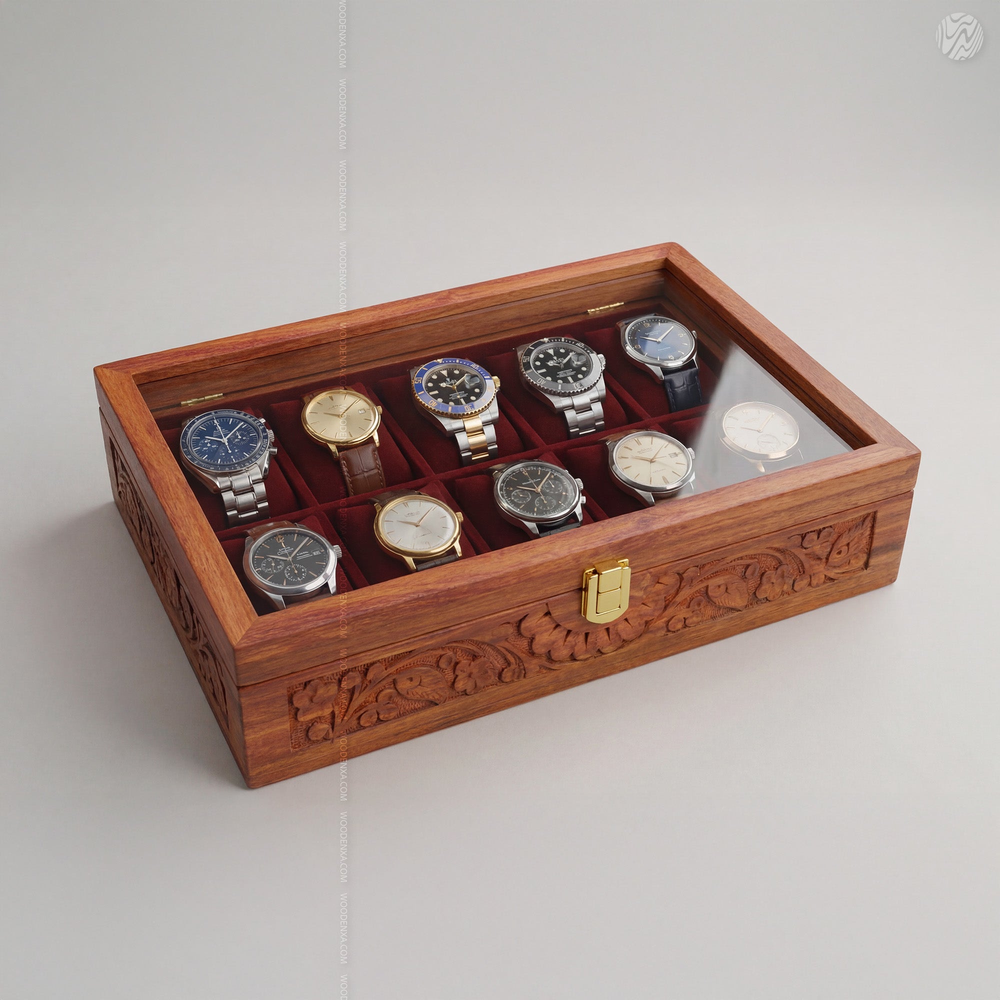 Fully Carved 10‑Watch Wooden Box