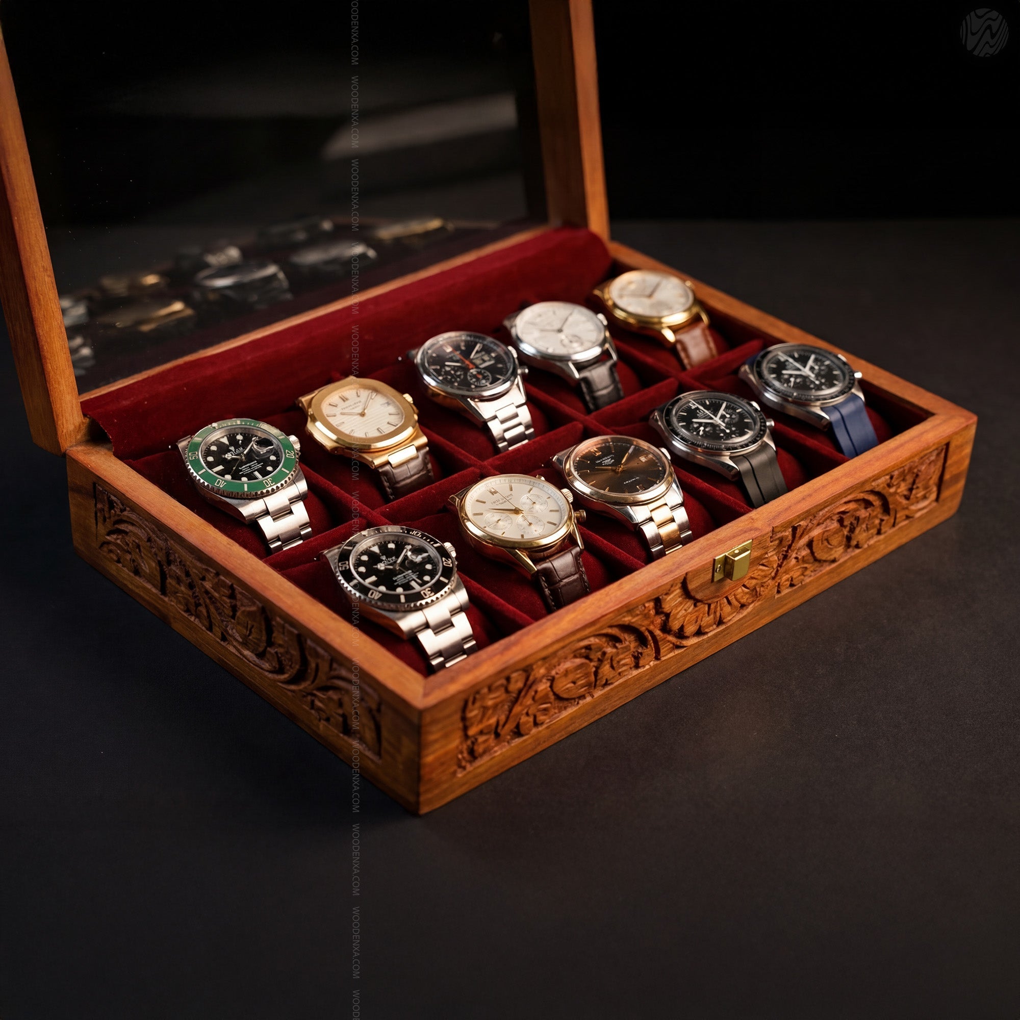 Fully Carved 10‑Watch Wooden Box