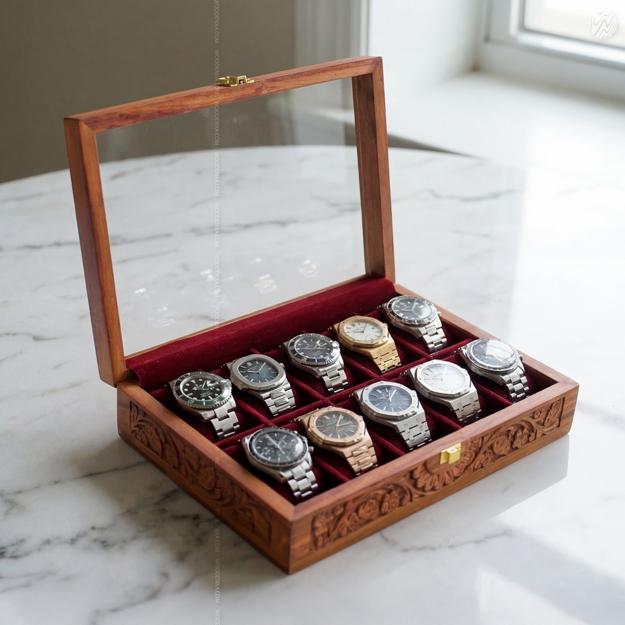 Fully Carved 10‑Watch Wooden Box