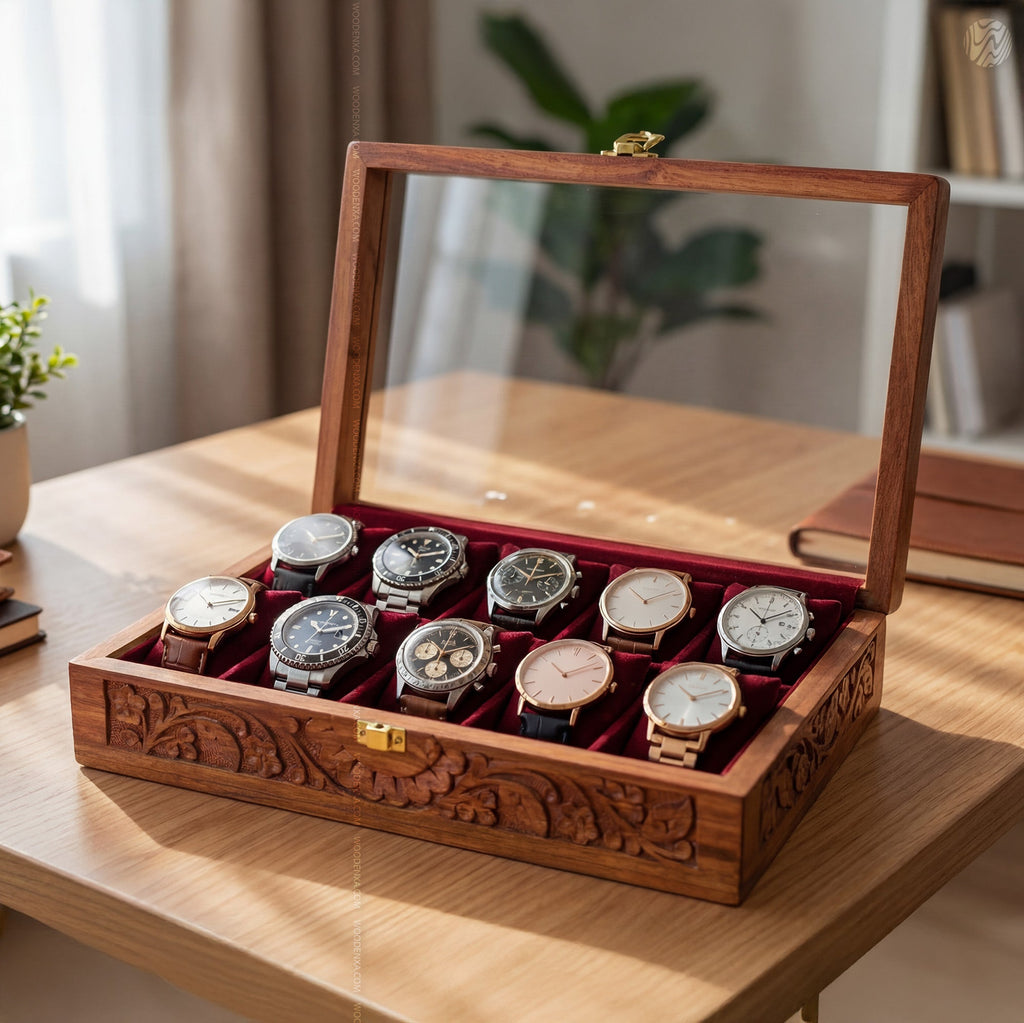 Fully Carved 10‑Watch Wooden Box
