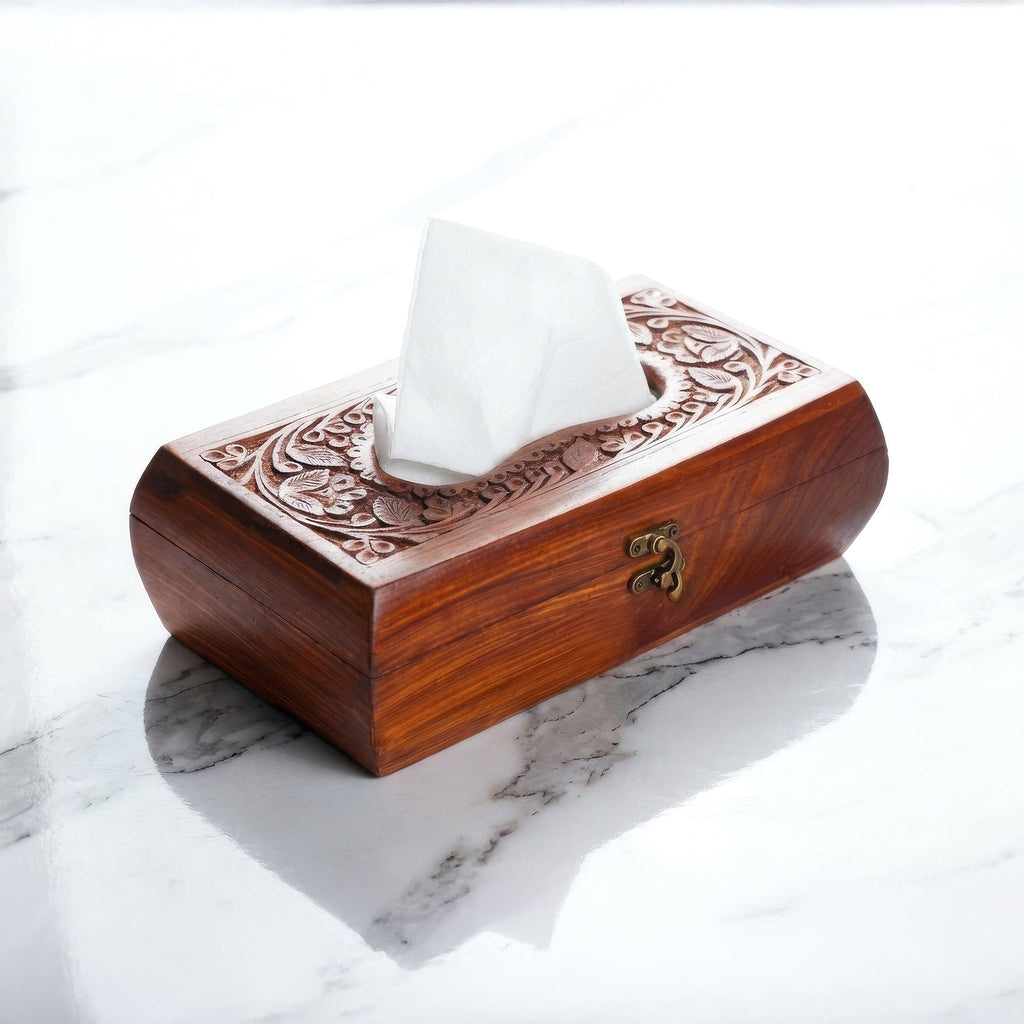 Handcrafted Wooden Tissue Box with Carving