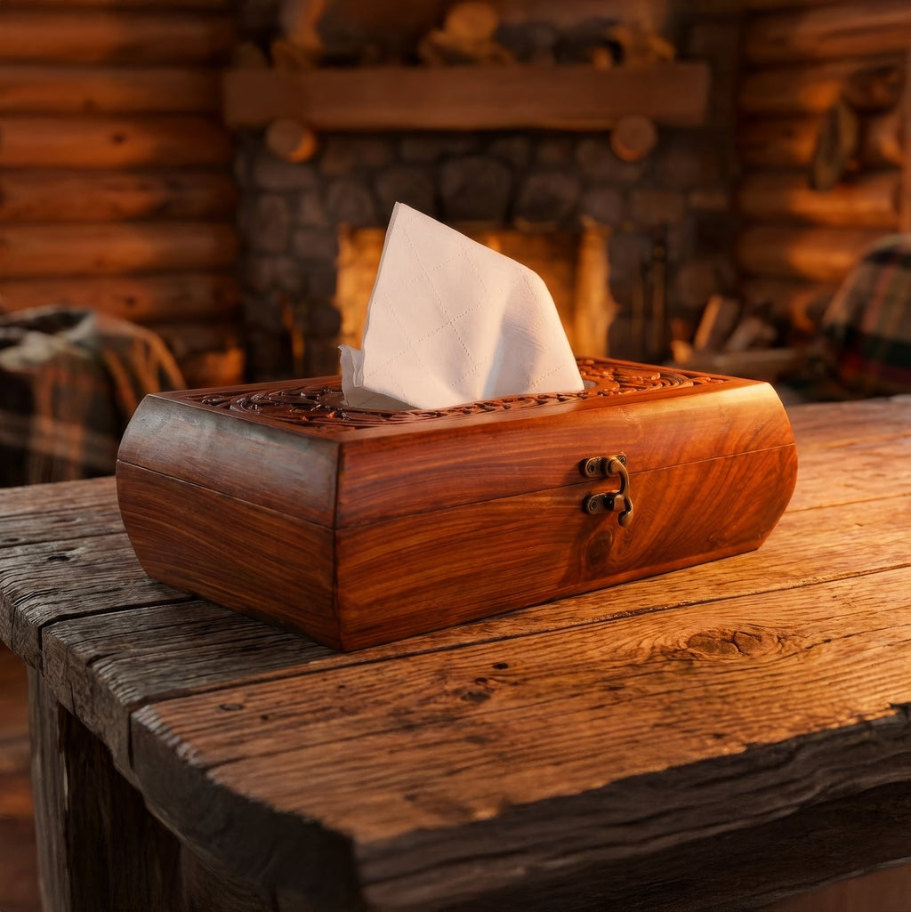 Handcrafted Wooden Tissue Box with Carving