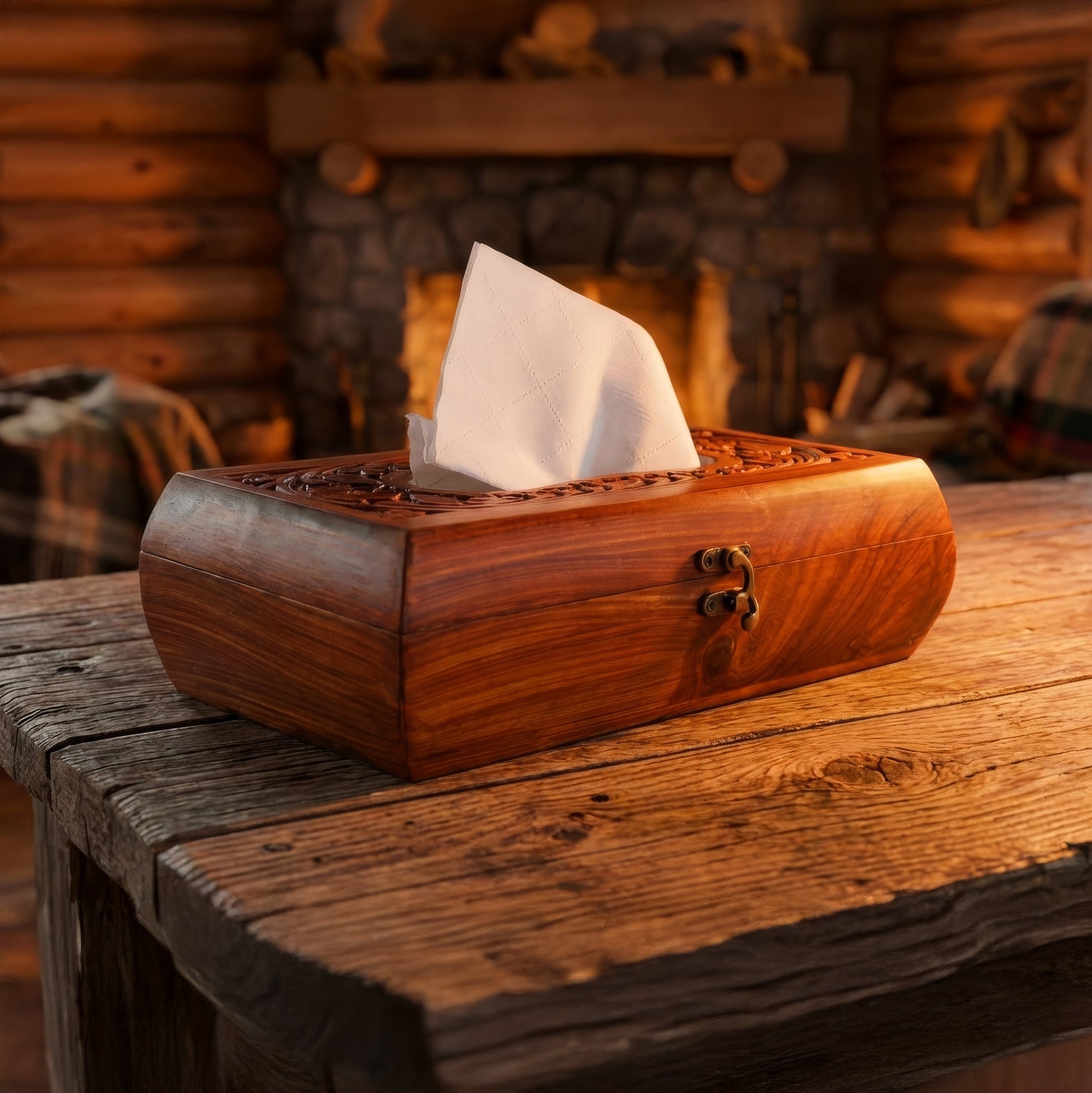 Handcrafted Wooden Tissue Box with Carving