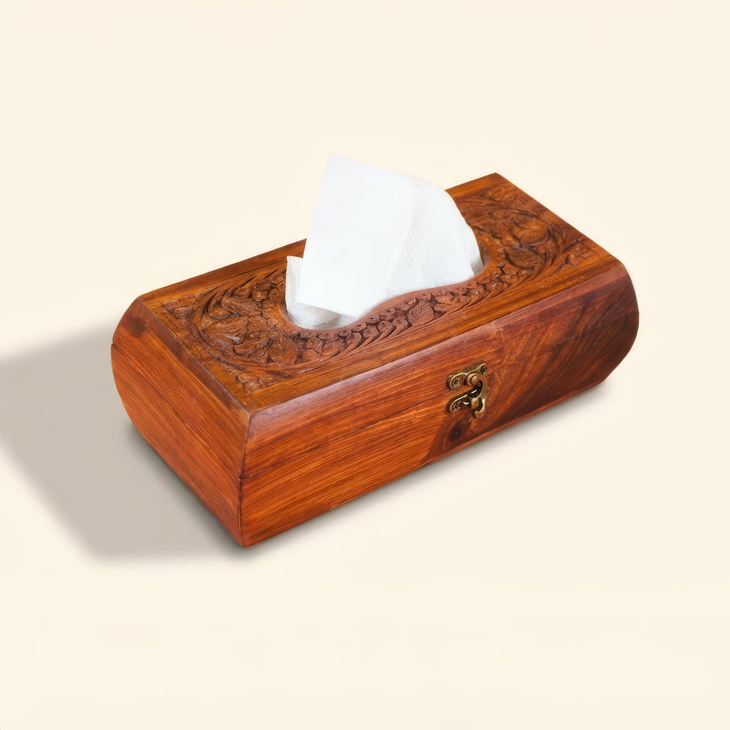 Handcrafted Wooden Tissue Box with Carving