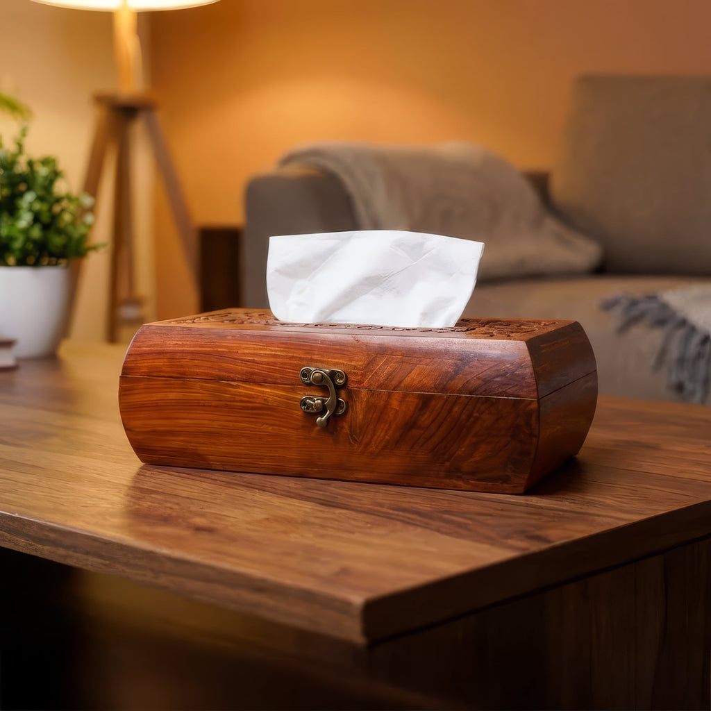 Handcrafted Wooden Tissue Box with Carving