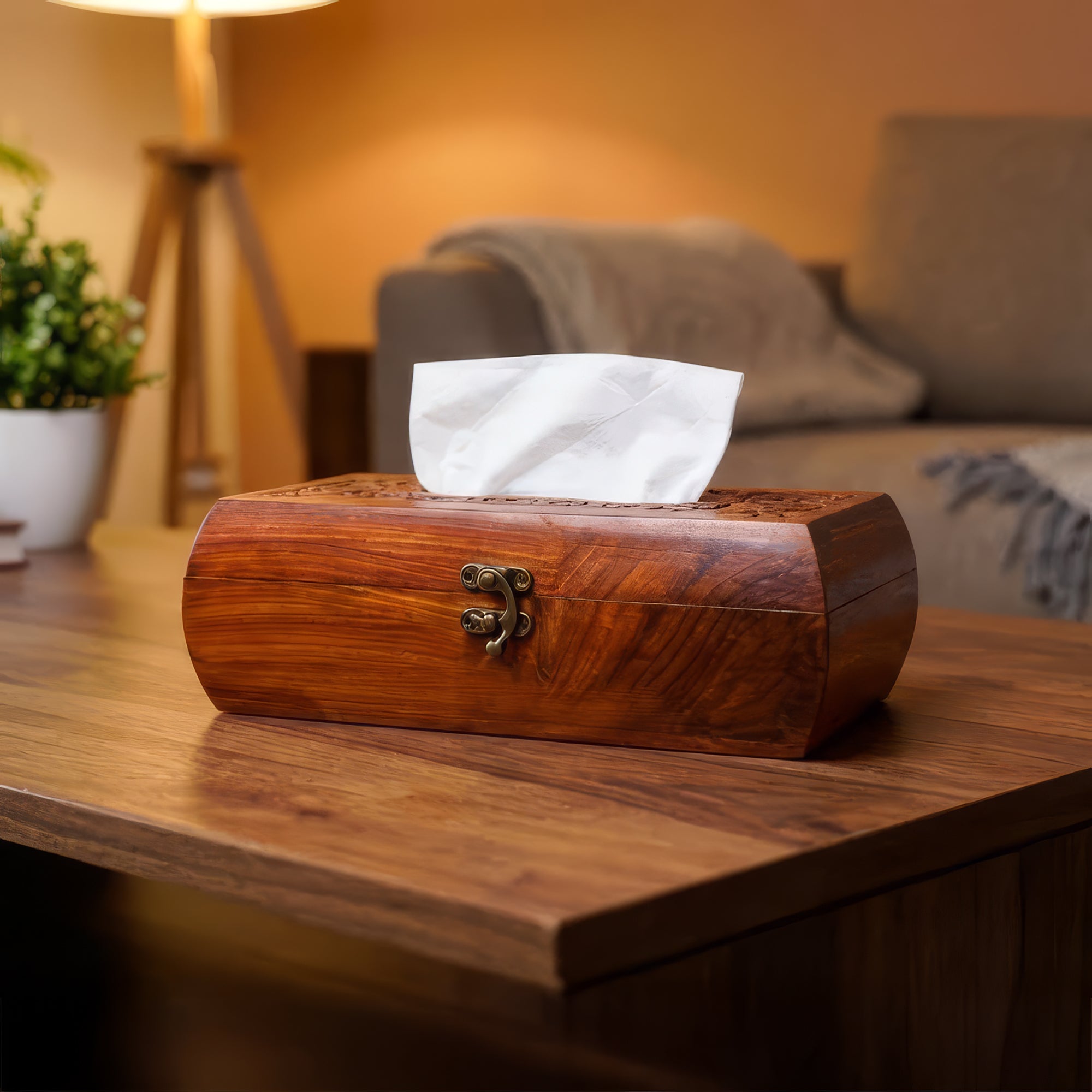 Handcrafted Wooden Tissue Box with Carving