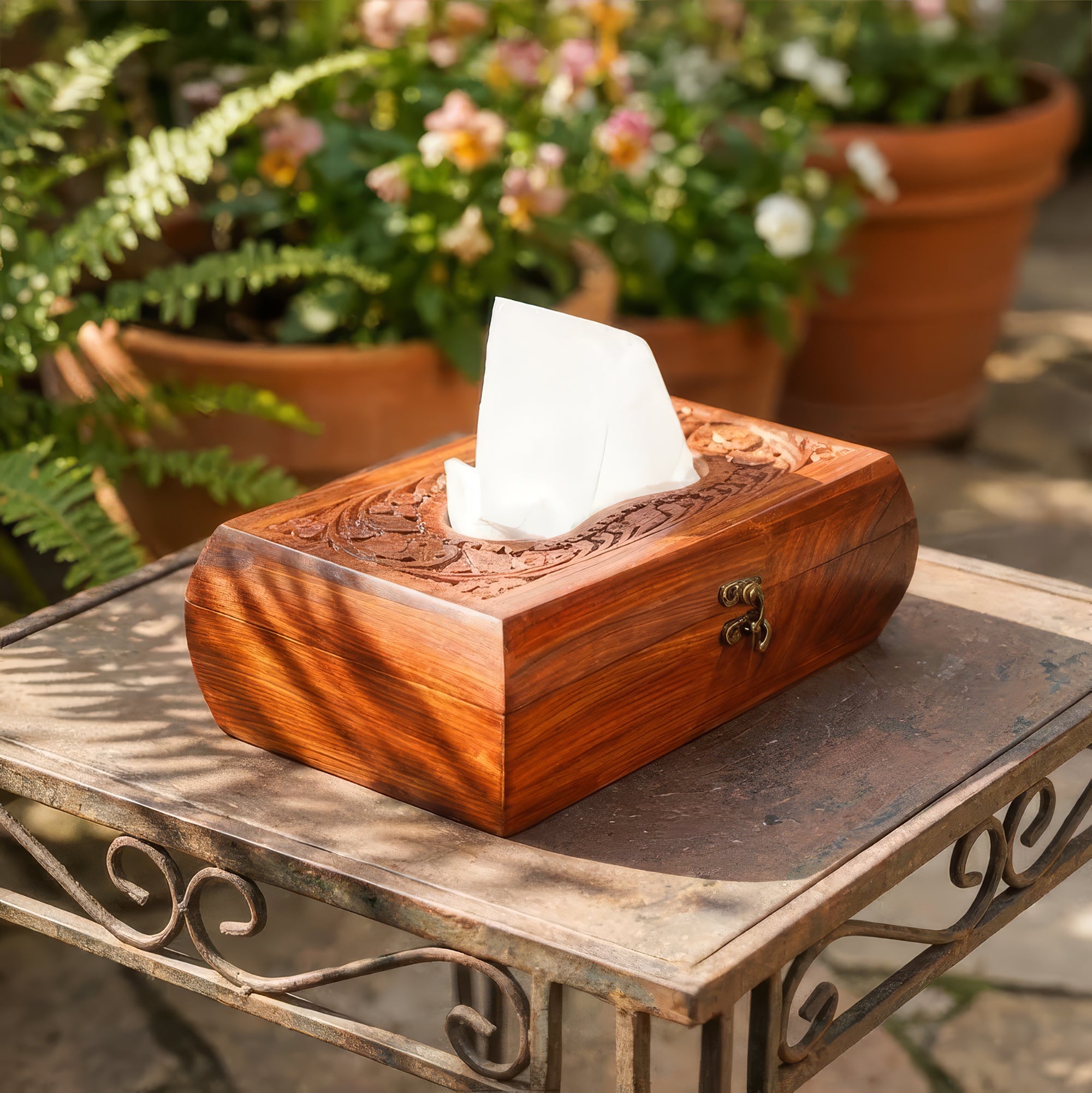Handcrafted Wooden Tissue Box with Carving
