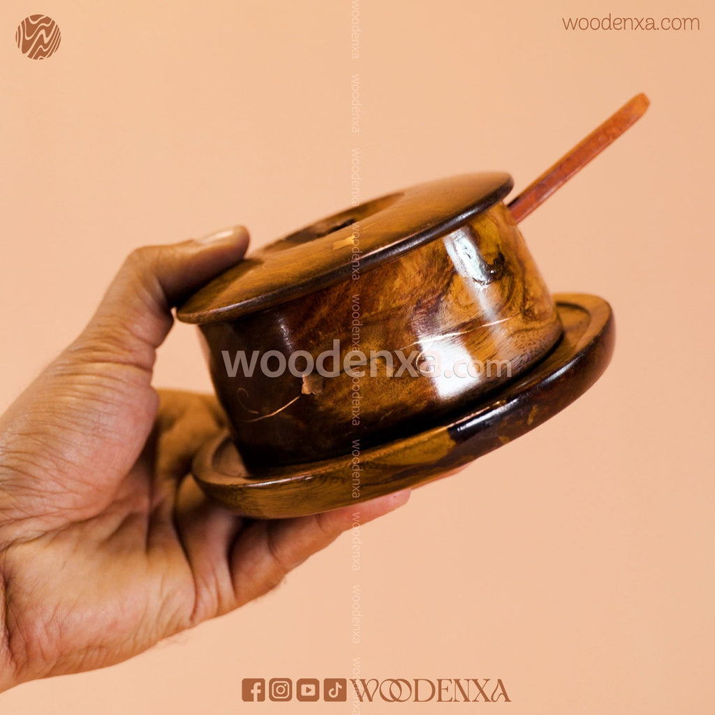 Handcrafted Wooden Sugar Pot with Spoon
