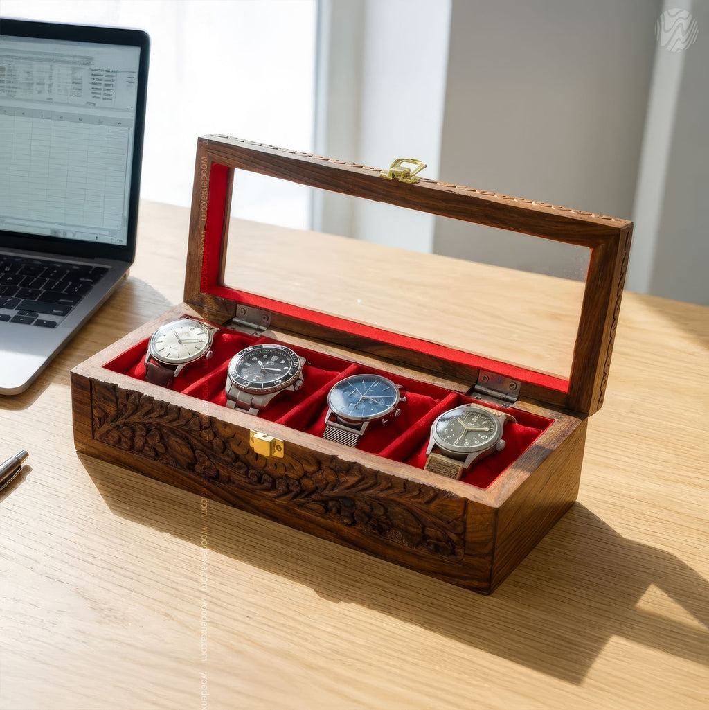 4 Watch Wooden Box with Glass