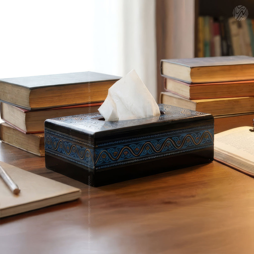 Black Wooden Tissue Box with Blue