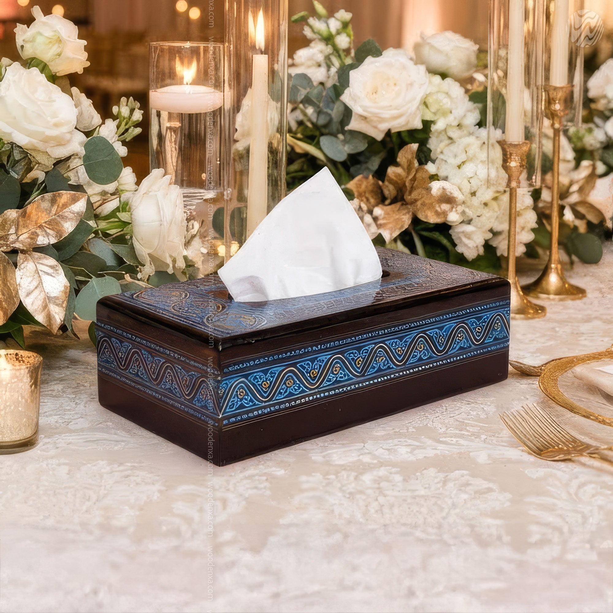 Black Wooden Tissue Box with Blue