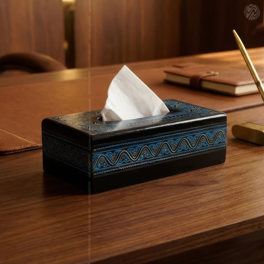 Black Wooden Tissue Box with Blue