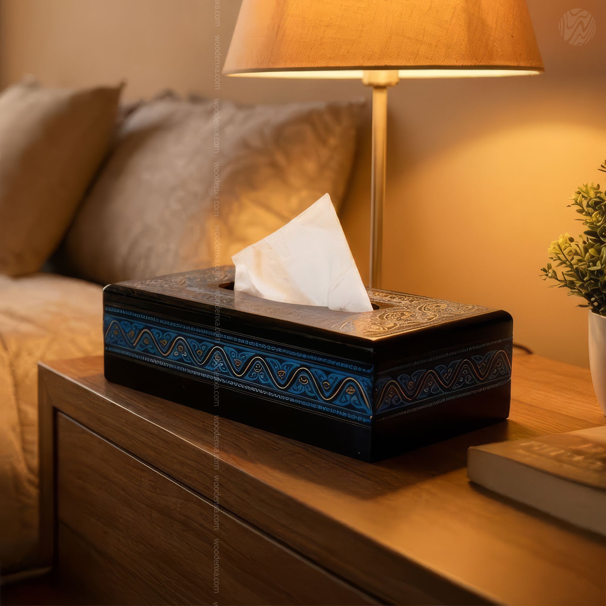Black Wooden Tissue Box with Blue