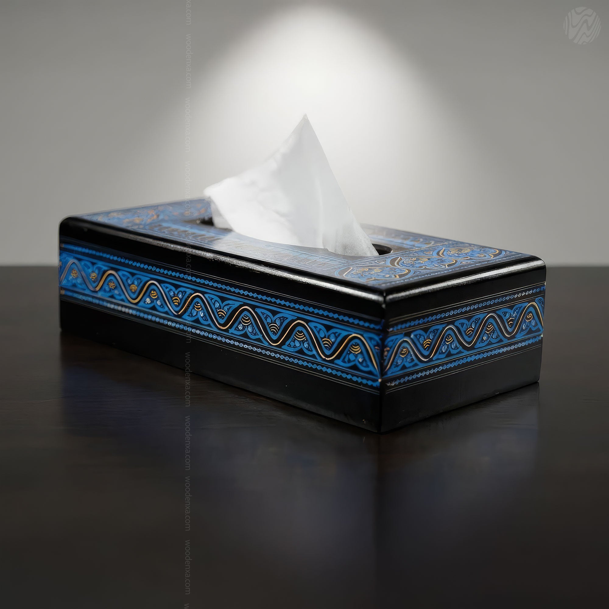 Black Wooden Tissue Box with Blue