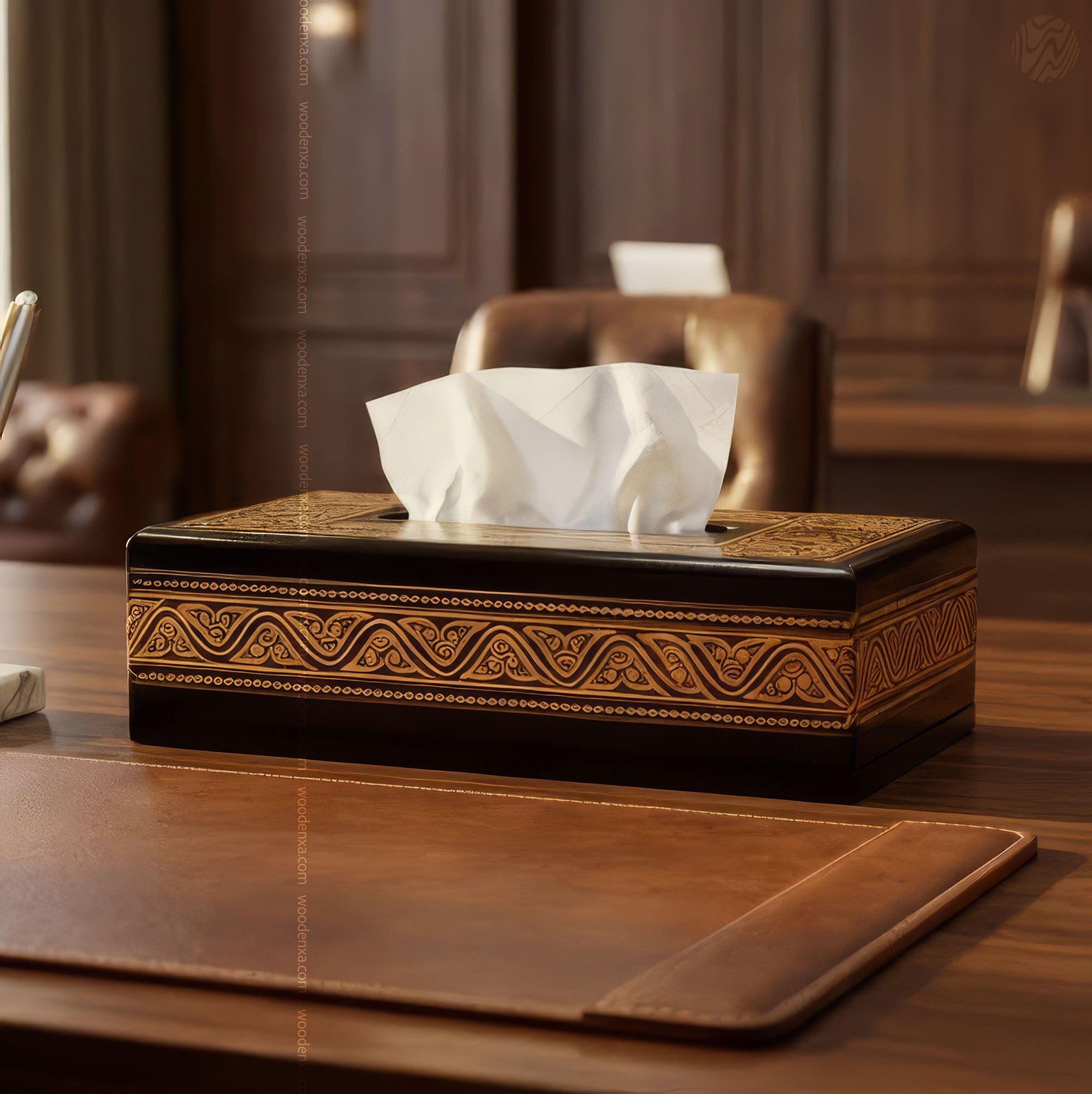 Black Wooden Tissue Box with Golden