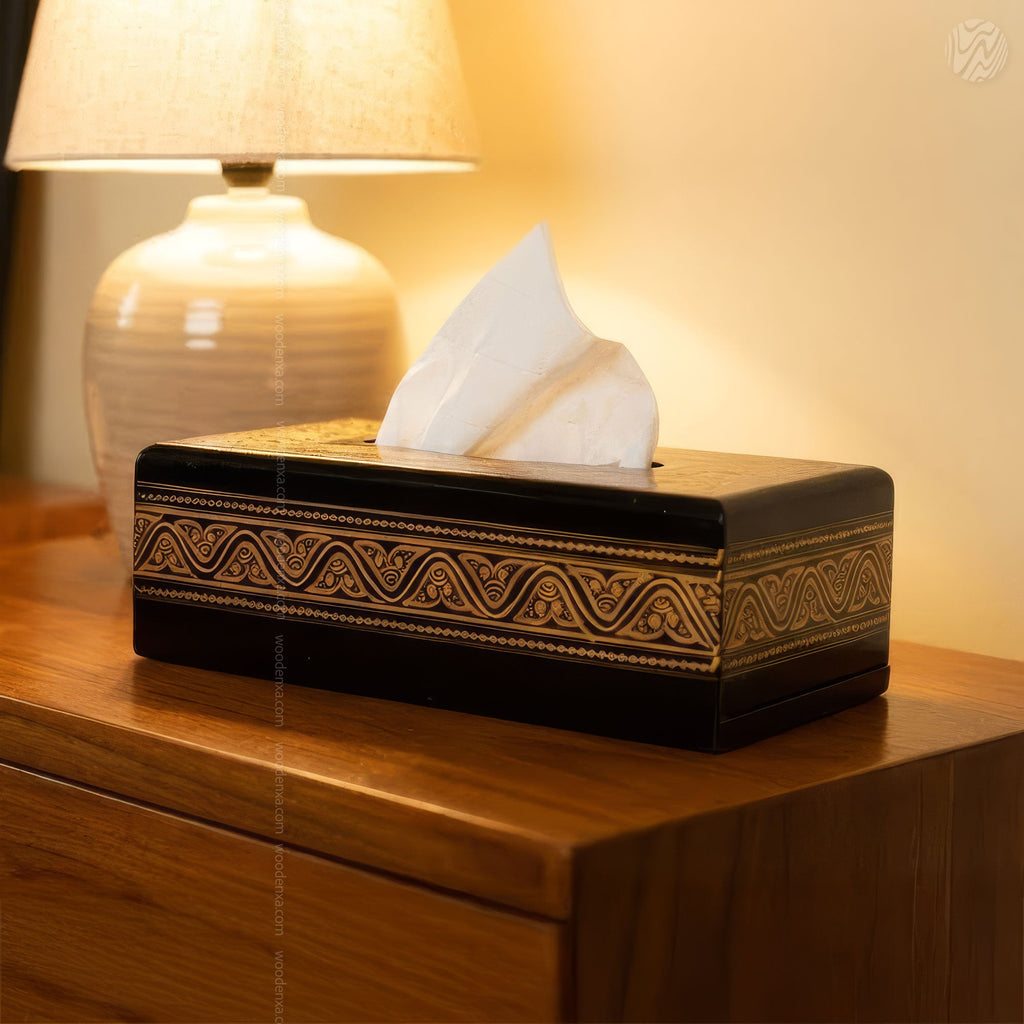 Black Wooden Tissue Box with Golden