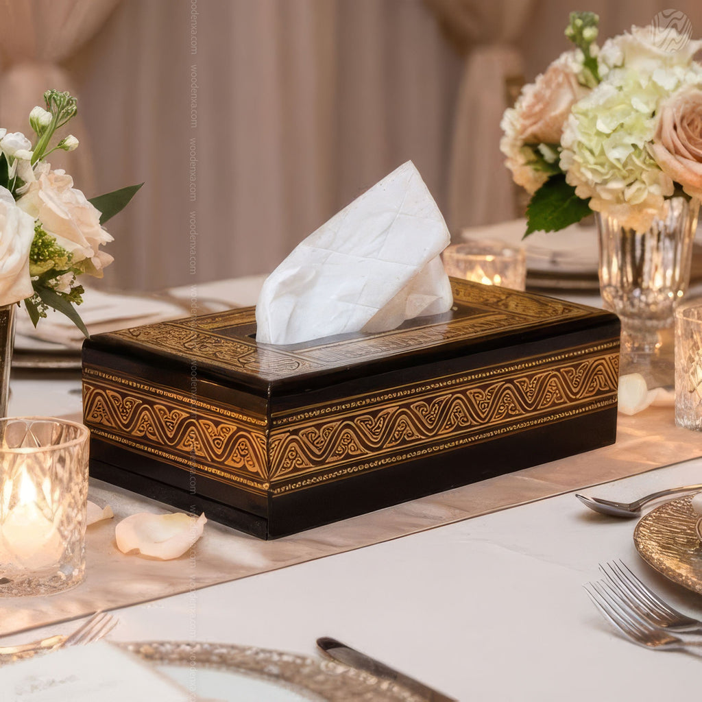 Black Wooden Tissue Box with Golden
