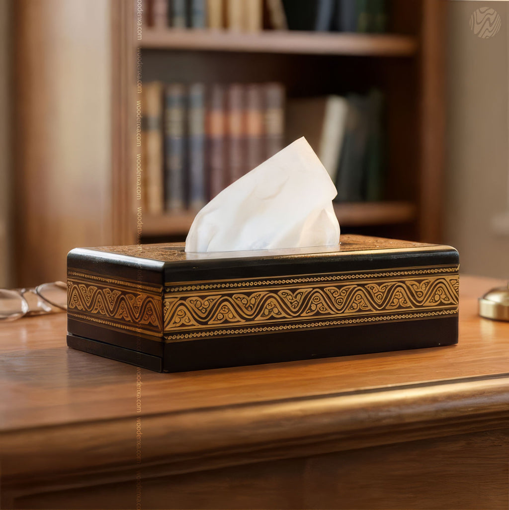 Black Wooden Tissue Box with Golden