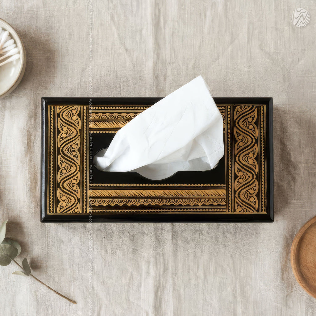 Black Wooden Tissue Box with Golden
