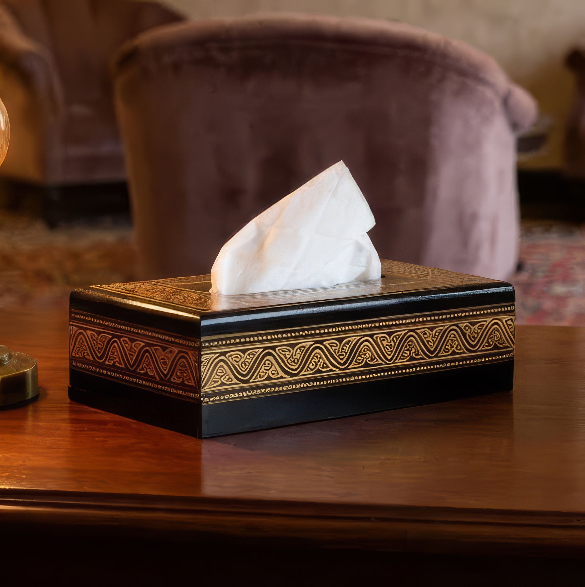 Black Wooden Tissue Box with Golden